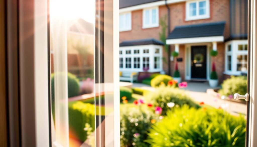 A close-up view of energy-efficient windows, prominently featuring the brand name "Abingdon Windows and Doors". In the foreground, illustrate a modern, sleek window frame with low-emissivity glass reflecting the sunlight, emphasizing its energy-efficient features. In the middle ground, depict a stylishly landscaped garden with vibrant flowers and green shrubs, creating a pleasant outdoor environment. The background should show a picturesque suburban home in Abingdon, showcasing an attractive façade complemented by these advanced windows. Use warm, natural lighting to evoke a sense of comfort and efficiency, and employ a slight angle to highlight the window's design. The overall mood should be inviting and professional, perfect for showcasing the value of investing in energy-efficient solutions for homes.