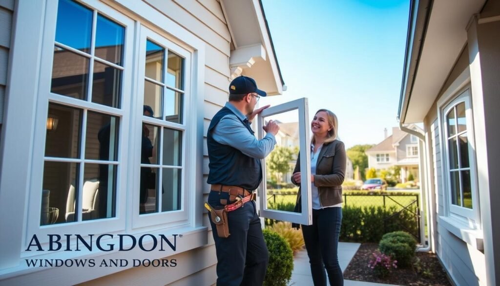 A modern exterior view of a stylish house in Abingdon featuring newly installed replacement windows. The foreground showcases the elegant windows from "Abingdon Windows and Doors," highlighting their clean lines and energy-efficient design. In the middle ground, a professional contractor, dressed in a neat uniform, is measuring a window frame while discussing details with a satisfied homeowner in casual yet smart attire. The background includes a scenic Abingdon neighborhood with well-maintained gardens under a bright blue sky, suggesting a sunny day. Soft, natural lighting emphasizes the window features and creates a welcoming atmosphere. The image captures the essence of quality service and satisfaction in window replacement.