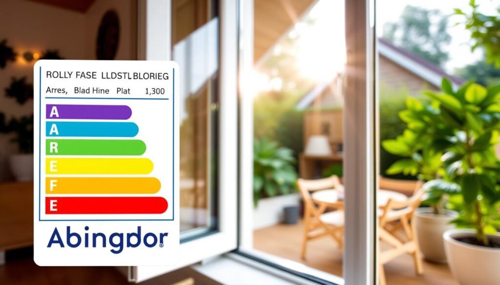 A visually engaging illustration of double glazing energy ratings, prominently featuring the logo of "Abingdon Windows and Doors." In the foreground, display a detailed energy rating label showing grades from A++ to E, in vibrant colors to signify efficiency levels. The middle ground should include a sleek, modern double-glazed window showcasing its layers and materials, with a subtle reflection of sunlight indicating energy efficiency. The background should feature a soft-focus view of a cozy, energy-efficient home setting, with lush greenery around, conveying a sustainable atmosphere. Use natural lighting to enhance the warmth and positivity of the scene, capturing a professional and inviting mood suitable for an informative article.
