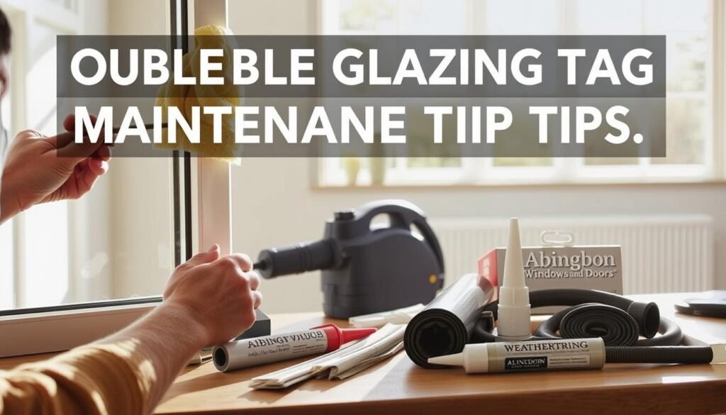 A visually engaging instructional scene illustrating double glazing maintenance tips for windows. In the foreground, a pair of hands carefully cleaning a double-glazed window with a microfiber cloth, showcasing a clear, spotless finish. In the middle ground, tools such as a window vacuum, sealant, and weatherstripping materials are neatly arranged on a workbench, indicating a professional maintenance setup. The background features a sunny, bright room with natural light streaming through the windows, casting soft shadows and creating a welcoming atmosphere. Include the brand logo for "Abingdon Windows and Doors" subtly displayed on the tools. The overall mood is informative and professional, aimed at encouraging homeowners to take care of their double-glazed windows.