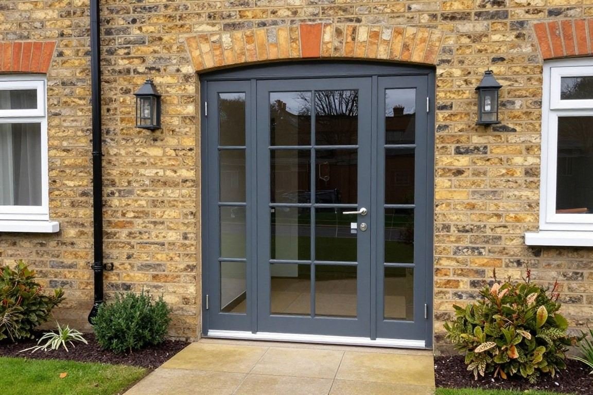 Grey uPVC French doors on a renovated property